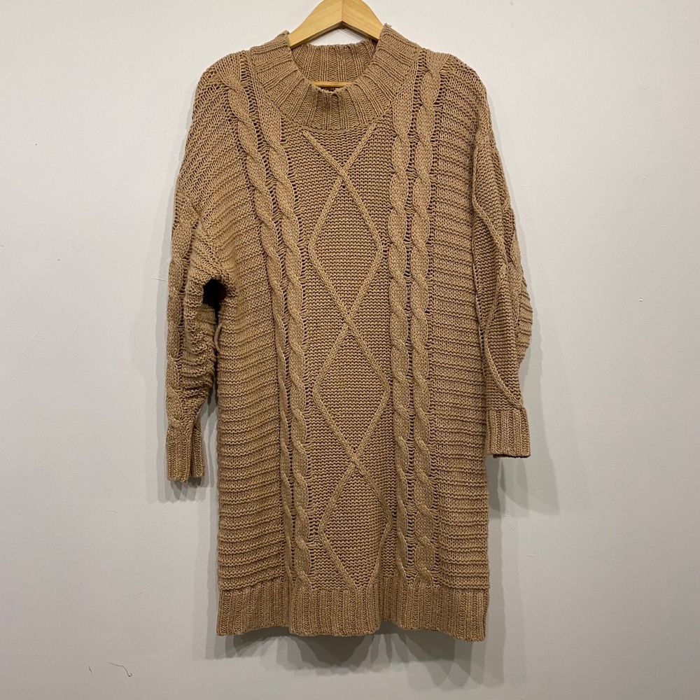 Anthropologie Amadi Cable Knit Sweater Dress Mock‎ Neck Belted Tan Brown Size M - Picture 2 of 6